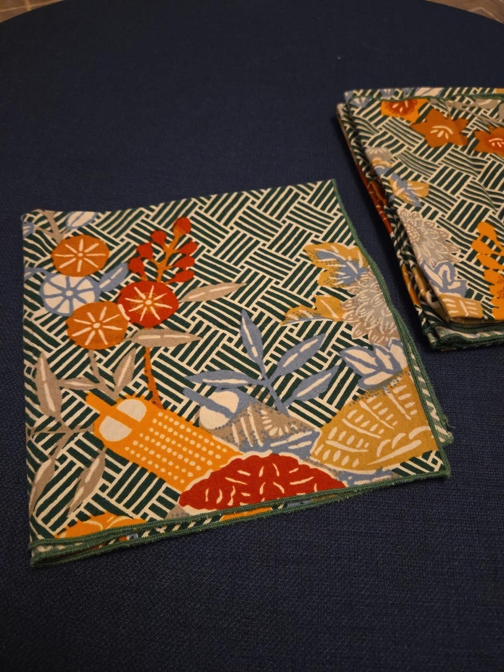 Set of 6 Cloth Napkins 16" Botanical Floral Japanese Style Teal Orange